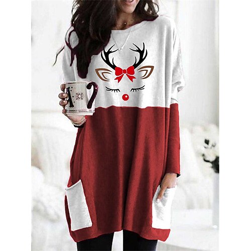 

Women's Casual Dress T Shirt Dress Tee Dress Shift Dress Mini Dress Green Red Long Sleeve Pocket Winter Fall Autumn Crew Neck Christmas Loose Fit 2022 S M L XL 2XL 3XL 4XL 5XL