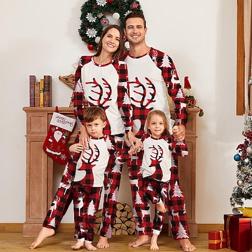 

Christmas Pajamas Ugly Family Set Plaid Deer Home Red Long Sleeve Mom Dad and Me Mom Dad and Me Daily Matching Outfits