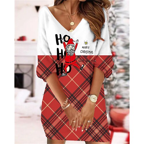 

Women's Christmas Sweatshirt Dress Shift Dress Sweat Dress Mini Dress Green Wine Light Red 3/4 Length Sleeve Plaid Print Winter Fall Autumn V Neck Fashion 2022 S M L XL XXL 3XL