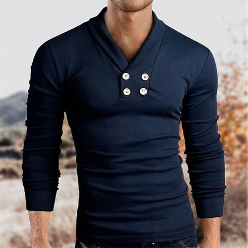 

Men's T shirt Tee Solid Color V Neck Black Red Navy Blue Street Sports Long Sleeve Button-Down Clothing Apparel Basic Designer Casual Comfortable