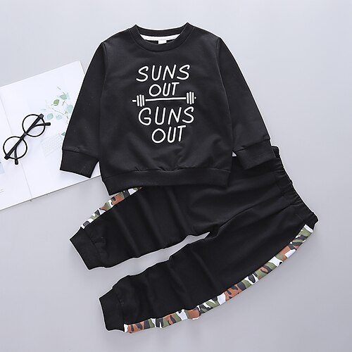 

2 Pieces Toddler Boys Sweatshirt & Pants Outfit Letter Camo Long Sleeve Set Casual Fashion Daily Winter Fall 3-7 Years Black