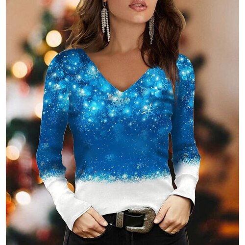 

Women's T shirt Tee Blue Snowflake Print Long Sleeve Christmas Weekend Basic V Neck Regular Painting S