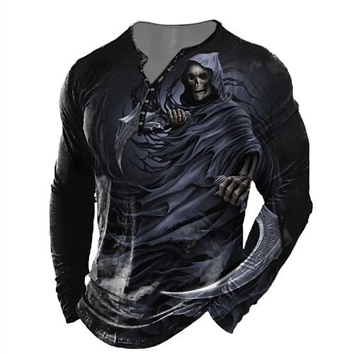 

Herren Henley Shirt T Shirt Tee Graphic Totenkopf Motiv Henley Schwarz 3D-Druck Outdoor Täglich Langarm Button-Down Bedruckt Bekleidung Basic Klassisch Komfortabel