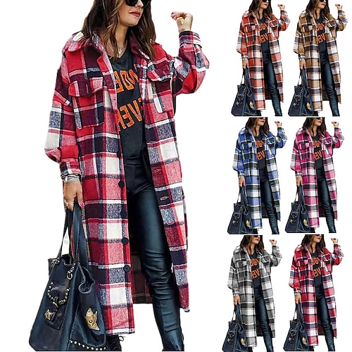 

Women's Shacket Blue Pink Khaki Plaid Button Pocket Long Sleeve Casual Daily Basic Shirt Collar Long S