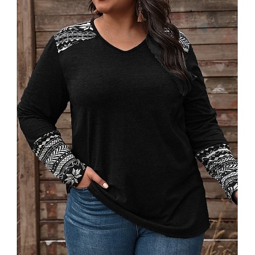 

Women's Plus Size Tops Blouse Graphic Print Long Sleeve V Neck Casual Modern Daily Vacation Polyester Winter Fall Black