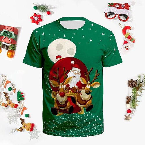 

Men's T shirt Tee Santa Claus Graphic Prints Crew Neck Green 3D Print Outdoor Christmas Short Sleeve Print Clothing Apparel Sports Designer Casual