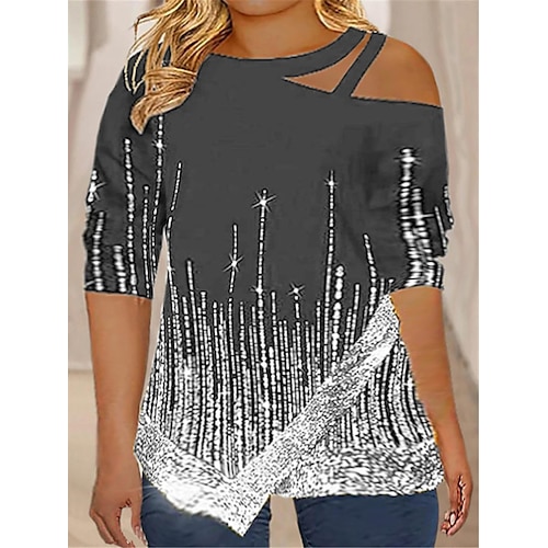 

Women's Plus Size Tops T shirt Tee Color Gradient Cut Out Print 3/4 Length Sleeve Crewneck Casual Daily Going out Polyester Winter Fall Green Black