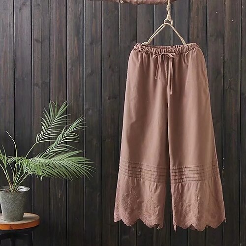 

Women's Wide Leg Pants Trousers Cotton Dark purple Beige High Waist Casual Daily Full Length Outdoor Solid Colored One-Size