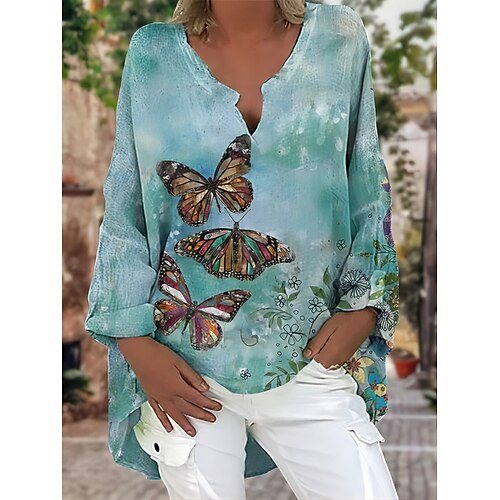 

Women's Blouse Shirt Blue Butterfly Print Long Sleeve Casual Basic V Neck Regular Butterfly S