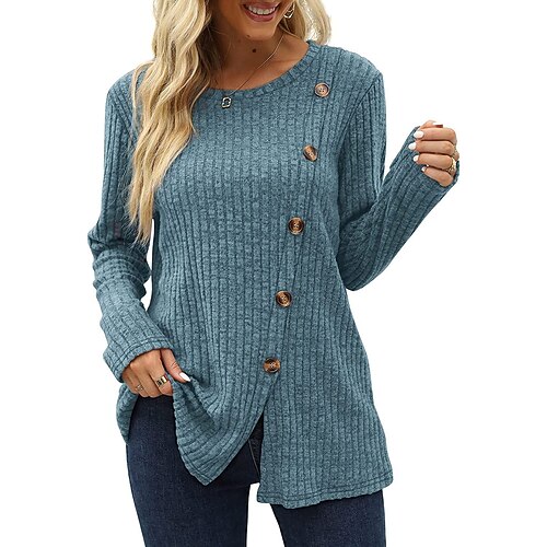 

Women's Blouse Shirt Green Black Blue Plain Button Long Sleeve Casual Basic Round Neck Regular S