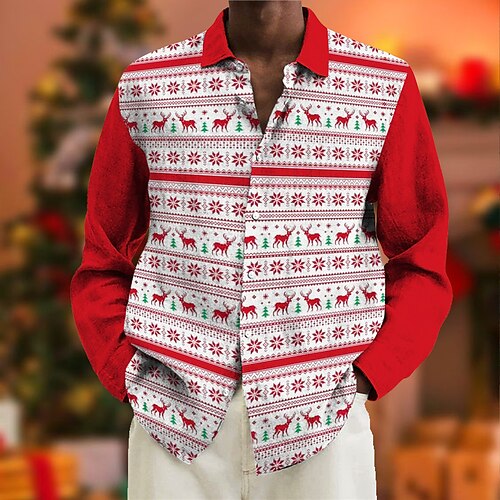 

Men's Shirt Elk Snowflake Turndown Red 3D Print Christmas Street Long Sleeve Button-Down Print Clothing Apparel Fashion Designer Casual Breathable