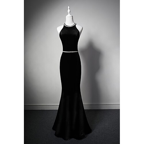 

Mermaid / Trumpet Evening Gown Sexy Dress Formal Floor Length Sleeveless Halter Neck Velvet with Bow(s) Crystals 2022