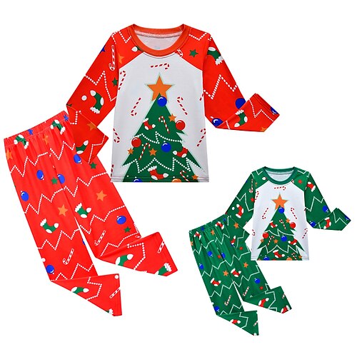 

Kids Boys 2 Pieces Christmas T-shirt & Pants Long Sleeve Green Red Star Christmas Tree Winter Fall Fashion Party 7-13 Years