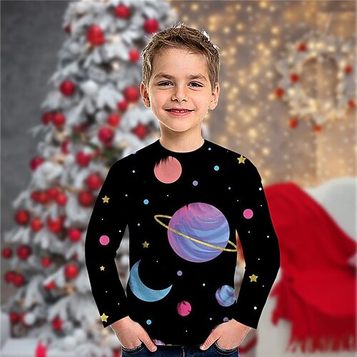 

Kids Boys Christmas T shirt Tee Galaxy Long Sleeve Crewneck Children Top Casual 3D Print Cute Daily Winter Fall Black 7-13 Years