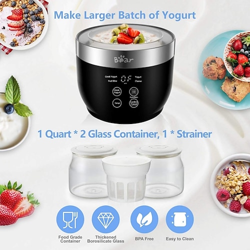 

Bear Yogurt Maker Greek Yogurt Maker Machine with Strainer and Timer Control with Stainless Steel Inner Pot Automatic Digital with 2 Glass Jars 1 Quart for Home Organic Yogurt Cheese Maker Fruit Wine