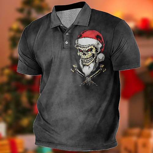 

Men's Collar Polo Shirt Golf Shirt Skull Santa Claus Ugly Christmas Turndown Black Yellow 3D Print Christmas Halloween Short Sleeves Button-Down Print Clothing Apparel Cool Designer Casual Breathable