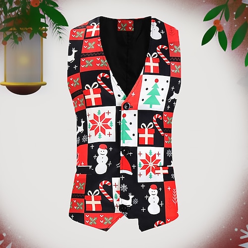 

Men's Vest Breathable Christmas Single Breasted Color Block Elk Snowman 3D Printed Graphic V Neck Fashion Jacket Outerwear Sleeveless Pocket Fall & Winter
