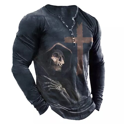 

Men's Henley Shirt T shirt Tee Tee Graphic Skull Skeleton Henley Black 3D Print Outdoor Daily Long Sleeve Button-Down Print Clothing Apparel Basic Designer Classic Comfortable