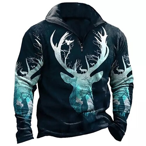 

Men's Zip Up Sweatshirt Pullover Quarter Zipper Sweatshirt Navy Blue Half Zip Graphic Prints Reindeer Zipper Print Christmas Daily Sports 3D Print Basic Designer Casual Spring Fall Clothing Apparel