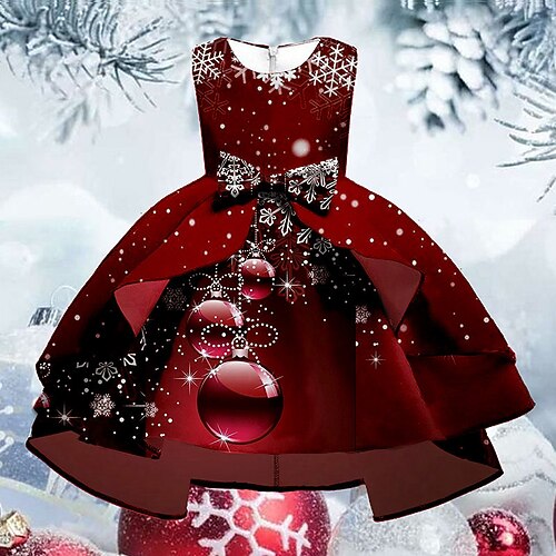 

Kids Girls' Christmas Dress Snowflake Swing Dress Knee-length Dress Christmas Gifts Ruffle Crew Neck Sleeveless Elegant Dress 3-10 Years Winter Wine