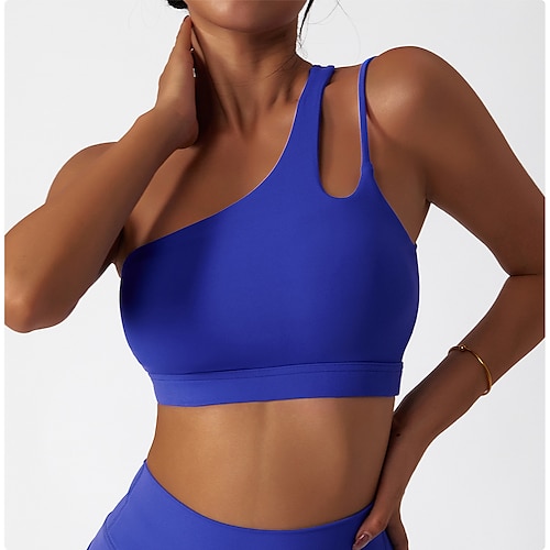 Women's One Shoulder Medium Support Sports Bra Removable Wireless Color Black Khaki Yoga Fitness Gym Workout Top Activewear Stretchy Breathable Quick Comfortable Slim 2023 - US $21.99