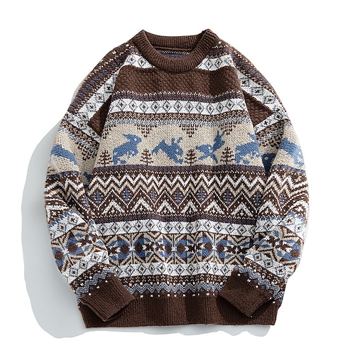 

Men's Sweater Fair Isle Sweater Pullover Ribbed Knit Cropped Knitted Animal Crewneck Keep Warm Modern Contemporary Work Daily Wear Clothing Apparel Fall & Winter Beige Coffee M L XL