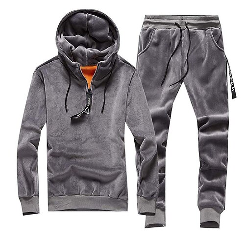 

Men's Tracksuit Sweatsuit Zip Hoodie Sweatshirt Velour Tracksuit Black Light gray Dark Gray Hooded Solid Color 2 Piece Quarter Zip Sports & Outdoor Daily Sports Streetwear Casual Big and Tall Fall