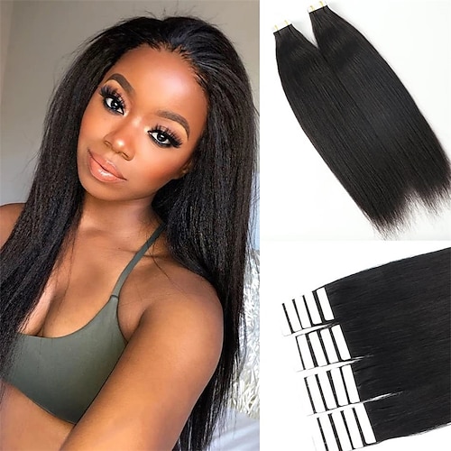 

Yaki Straight Tape in Hair Extensions for Black Women Real Human Hair Double Sided Seamless PU Tape in Hair Extensions #1B 20Inch Light Yaki Invisible Skin Weft Remy Hair Extensions 20PCS 50G/Set
