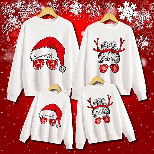 

Family Ugly Christmas Sweatshirt Pullover Santa Claus Elk Casual Crewneck Red White Long Sleeve Adorable Matching Outfits