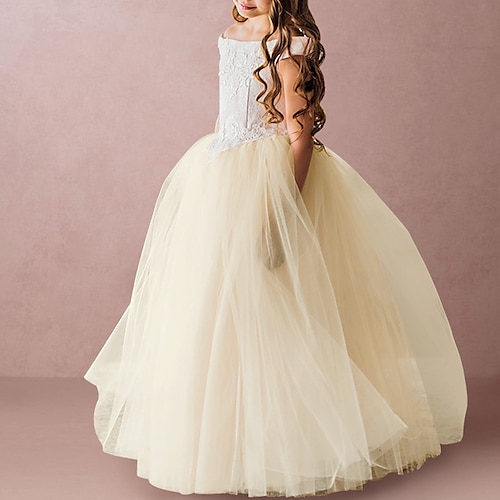 

Wedding Party Princess Flower Girl Dresses Off Shoulder Floor Length Satin Lace with Appliques Pure Color Elegant Tutu Cute Girls' Party Dress Fit 3-16 Years