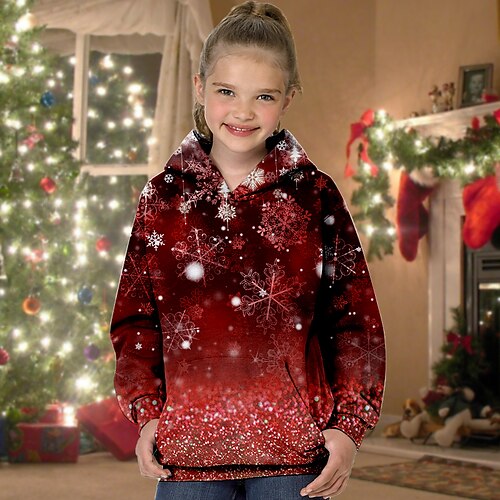 

Kids Girls' Ugly Christmas Hoodie Snowflake Christmas Gifts Long Sleeve Pocket Cute 7-13 Years Winter Green Blue Purple