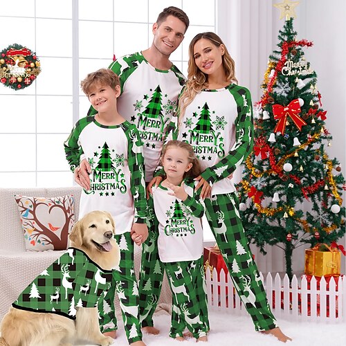 

Christmas Pajamas Family Plaid Letter Christmas Tree Home Green Light Green Wine Long Sleeve Basic Matching Outfits