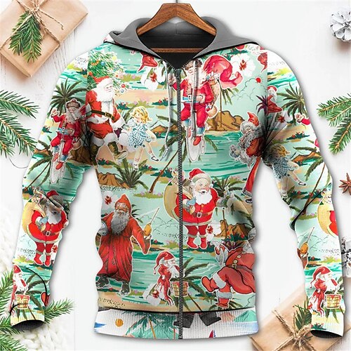 

Men's Full Zip Hoodie Jacket Green Black Red Hooded Santa Claus Graphic Prints Ugly Christmas Zipper Print Sports & Outdoor Daily Sports 3D Print Streetwear Designer Casual Spring & Fall Clothing