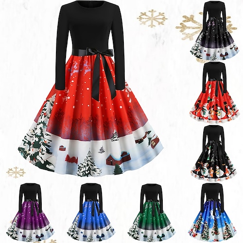 

Women's Christmas Knee Length Dress Blue Purple Wine Gray Green Black Red Light Blue Long Sleeve Print Bow Print Fall Winter Round Neck Casual Vintage 2021 S M L XL XXL