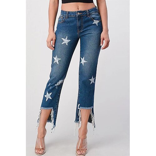 

Dame Jeans Distressed Jeans Denimstof Blå Mode Afslappet / Hverdag Sidelommer Ankel-længde Komfort Stjerne S M L XL XXL