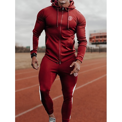 

Men's Tracksuit Sweatsuit 2 Piece Full Zip Athletic Winter Long Sleeve Thermal Warm Breathable Soft Fitness Running Jogging Sportswear Activewear Stripes Black Red Grey