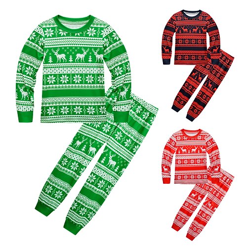 

Kids Boys 2 Pieces Christmas T-shirt & Pants Long Sleeve Green Red Navy Blue Cartoon Elk Winter Fall Basic Party 7-13 Years