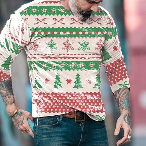 

Men's T shirt Tee Christmas Tree Graphic Prints Crew Neck Green Red 3D Print Christmas Daily Long Sleeve Print Clothing Apparel Basic Streetwear Designer Casual