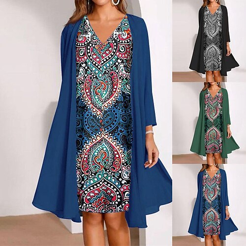 

Women's Casual Dress Two Piece Dress Mini Dress Green Black Blue Long Sleeve Graphic Print Winter Fall Spring V Neck Fashion Daily 2022 S M L XL XXL