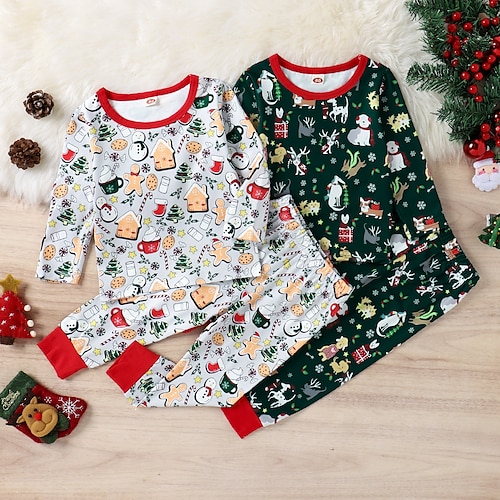 

2 Pieces Toddler Boys Christmas T-shirt & Pants Outfit Cartoon Elk Christmas Tree Long Sleeve Set Outdoor Basic Fashion Winter Fall 3-7 Years Green White