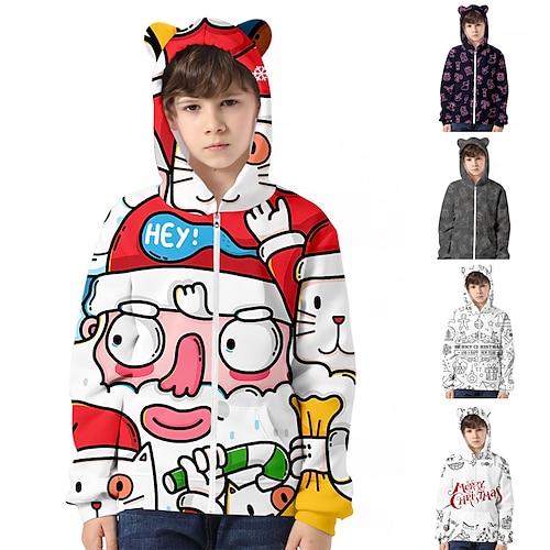 

Kids Boys Ugly Christmas Hoodie Jacket Outerwear Letter Santa Claus Long Sleeve Coat Casual Cotton Fashion Daily Black Purple Red Fall 7-13 Years