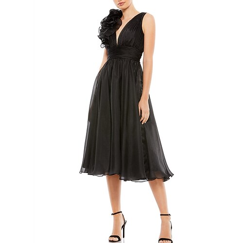 

A-Line Prom Dresses Elegant Dress Party Wear Tea Length Sleeveless V Neck Organza with Ruffles Pure Color 2022