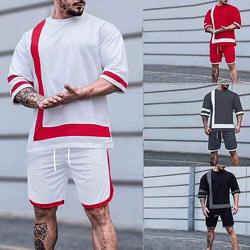 

Men's T-shirt Suits Tracksuit Tennis Shirt Shorts and T Shirt Set Geometry Crew Neck Black Dark Gray Red White Outdoor Street Short Sleeve Drawstring 2 Piece Clothing Apparel Sports Designer