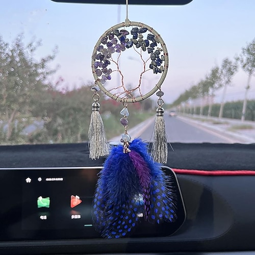 

Life of Tree Dream Catcher Handmade Gift with Blue Feathers Wall Hanging Decor Art Wind Chimes Boho Style Car Hanging Home Pendant 8x44cm/17.3''x3.1''