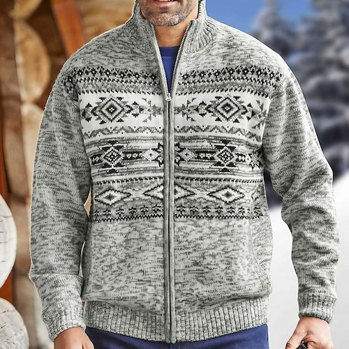 

Men's Sweater Ugly Christmas Sweater Cardigan Sweater Zip Sweater Sweater Jacket Ribbed Knit Cropped Knitted Ugly Christmas Standing Collar Warm Ups Modern Contemporary Christmas Daily Wear Clothing