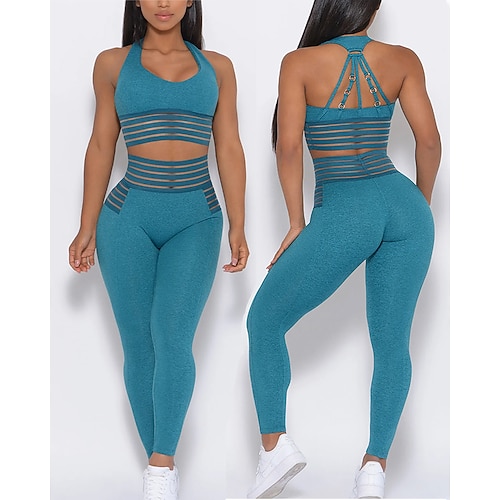 

Women's Seamless Sportswear Suit Strap Tops Leggings Set Mesh Patchwork Yoga Fitness Gym Workout Tights Bottoms Purple Blue Spandex Winter Sports Activewear High Elasticity Skinny