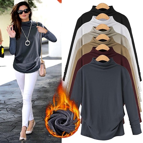 

Women's T shirt Tee Undershirt Bottoming Shirt Black fleece Burgundy plus velvet Camel fleece Plain Long Sleeve Daily Weekend Basic High Neck Regular Fleece lined S