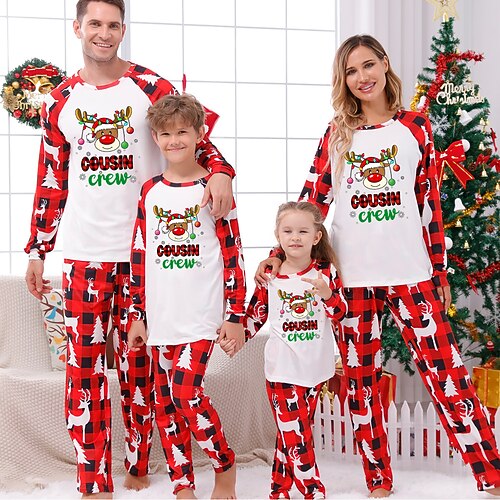 

Christmas Pajamas Family Letter Elk Home Crewneck Red Long Sleeve Adorable Matching Outfits