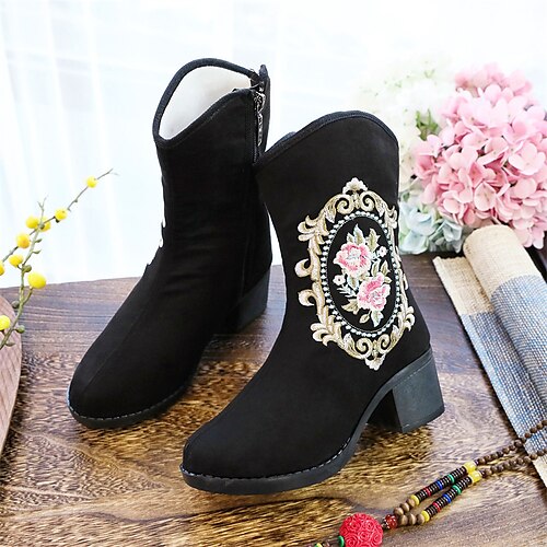 

Mujer Botas Exterior Diario Botas a media pierna Invierno Tacón Cuadrado Dedo redondo Vintage Elegante Ante Cremallera Floral Negro