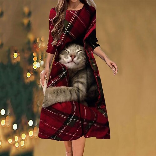 

Women's Christmas Casual Dress Shift Dress Midi Dress Red 3/4 Length Sleeve Animal Ruched Winter Fall Autumn Fashion Christmas Daily 2022 S M L XL XXL 3XL
